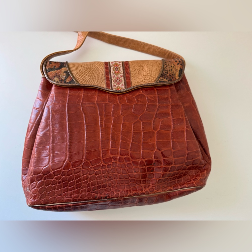 Sharif Mixed Media Snakeskin, Leather and Fabric Patchwork Crossbody Vintage - Picture 6 of 16